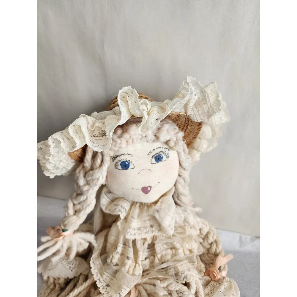 Vintage Handmade Mop Doll Cream Yarn Braids Lace Ruffle Dress Straw Bonnet 18in